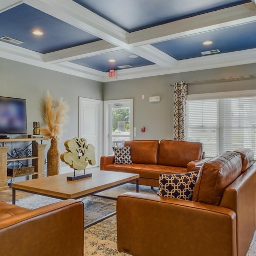 Everything within reach a large room with a tv and couches and a blue ceiling